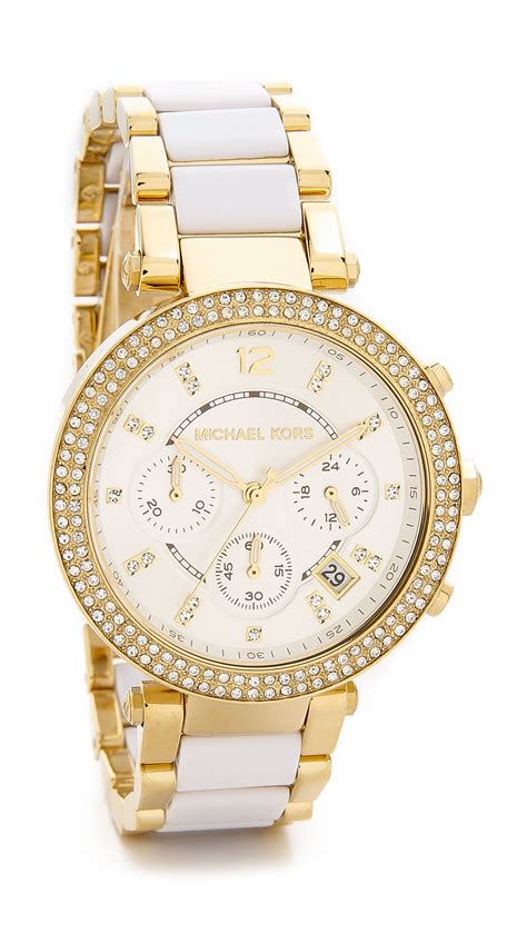 Michael Kors Women's Date White Dial Leather Gold S/S Square 